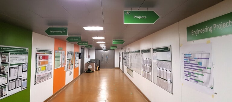 a hallway filled with graphics for engineering projects